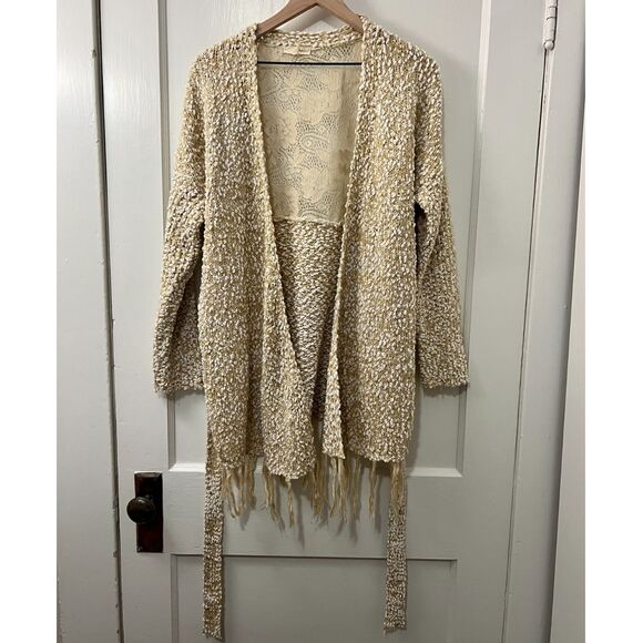 Ryu Women's Tan White Popcorn Long Open Cardigan With Tie Size S / M - Picture 1 of 10